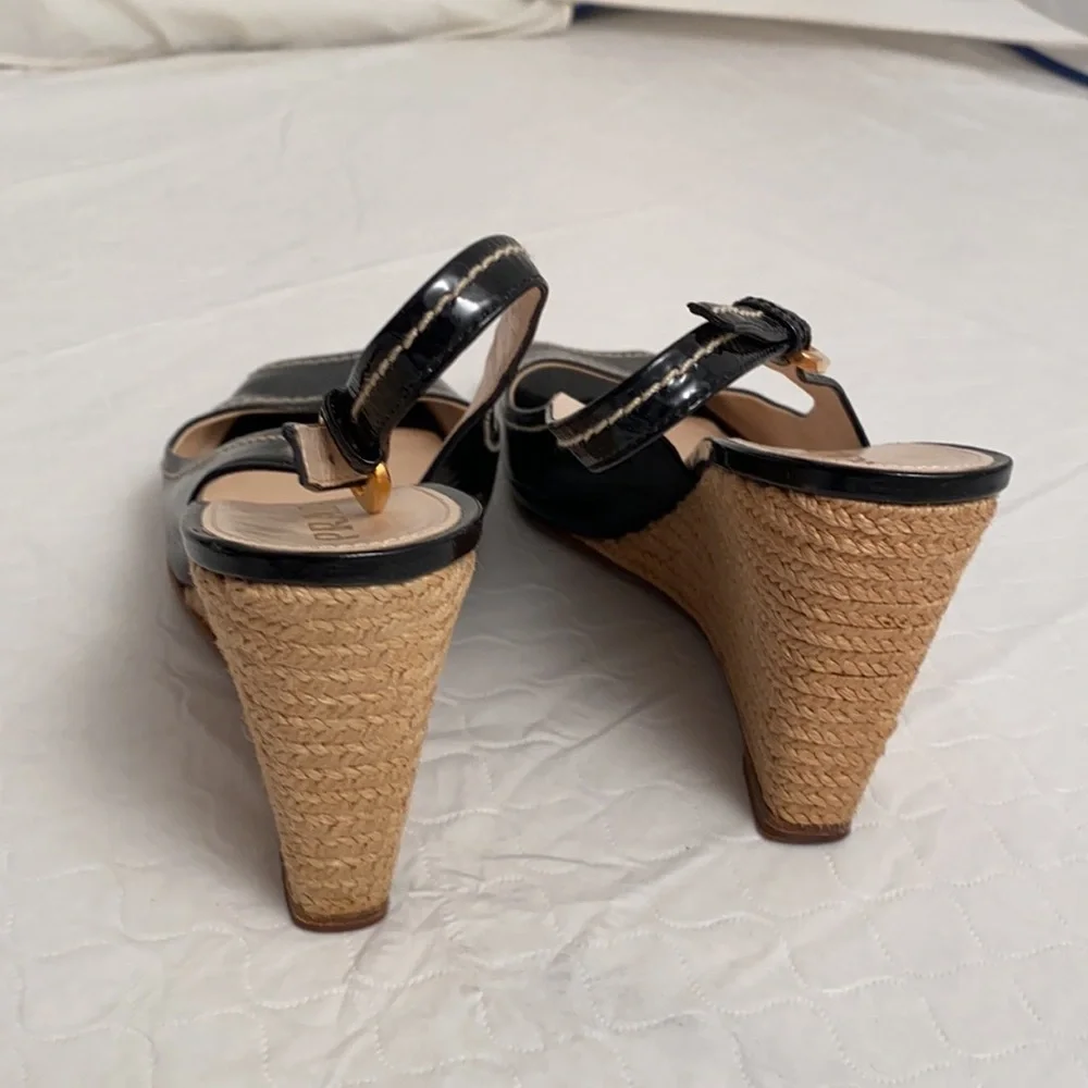 Prada open toe patent leather espadrille wedges